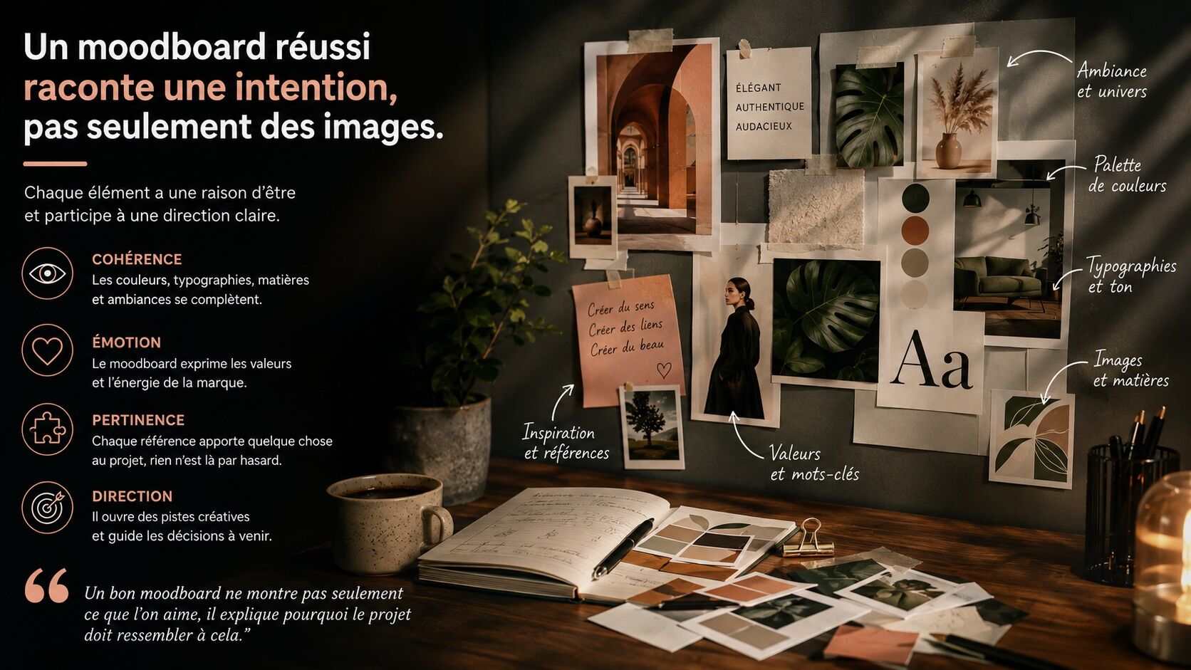 Moodboard cohérent réunissant couleurs, typographies, matières, images et mots-clés autour d’une même intention créative.