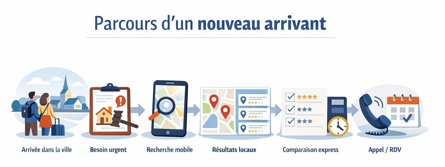 Infographie « Parcours d’un nouveau arrivant » montrant une frise en 6 étapes : arrivée dans la ville, besoin urgent, recherche mobile, résultats locaux (carte et pack local), comparaison express (horaires/avis/accès), puis appel et prise de rendez-vous.