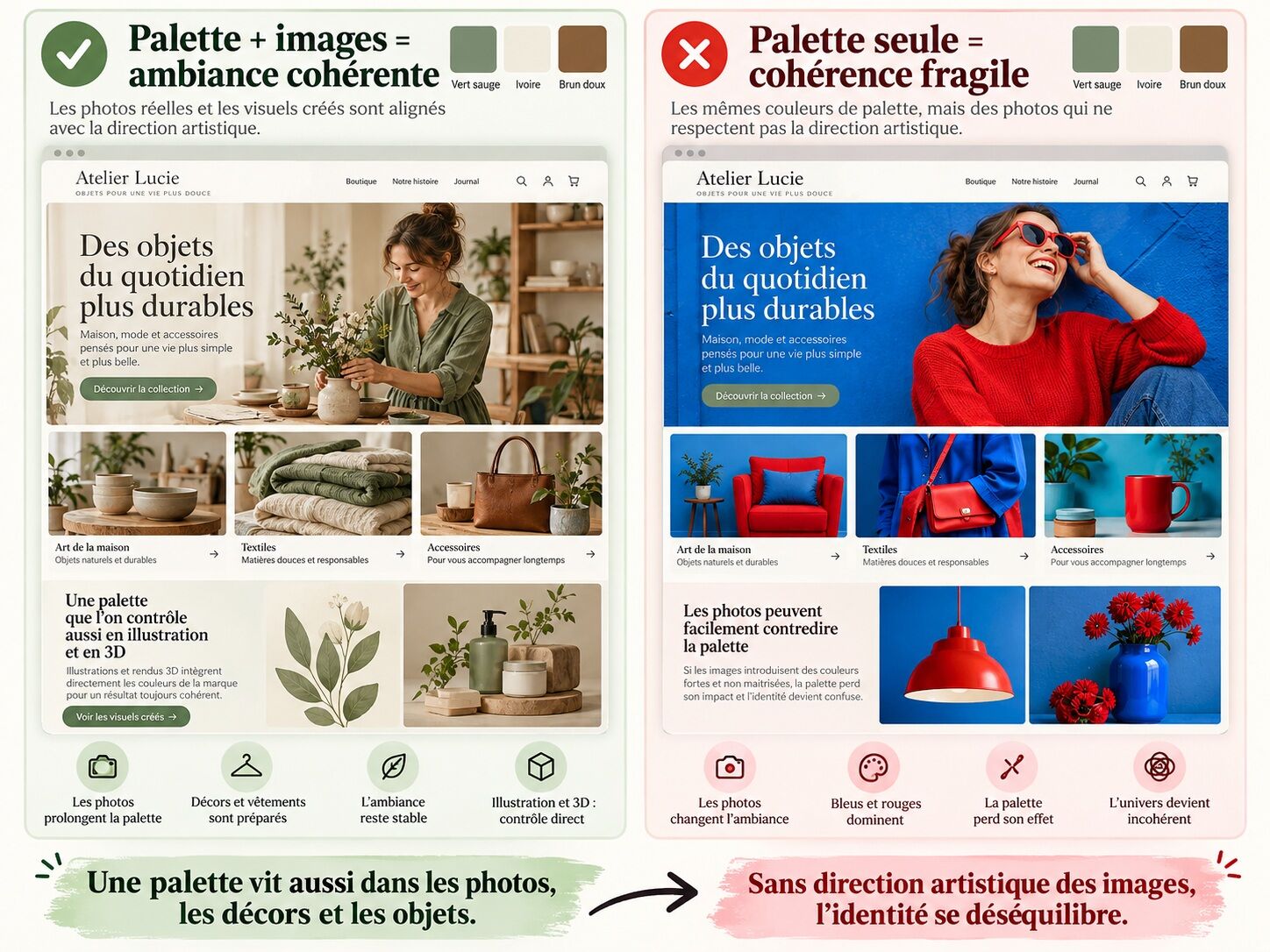 Comparaison de deux sites web utilisant la même palette vert sauge, ivoire et brun doux : à gauche, des photographies et illustrations aux couleurs harmonieuses renforcent l’identité visuelle ; à droite, des photos aux bleus électriques et rouges saturés déséquilibrent la direction artistique.