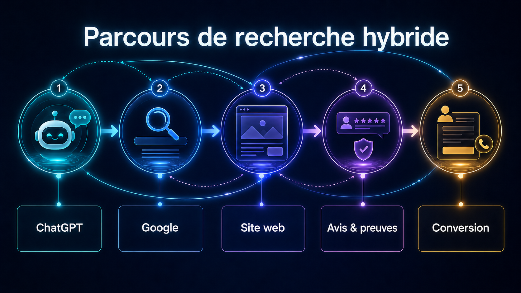 Schéma du parcours de recherche hybride entre ChatGPT, Google, site web, avis clients et conversion.