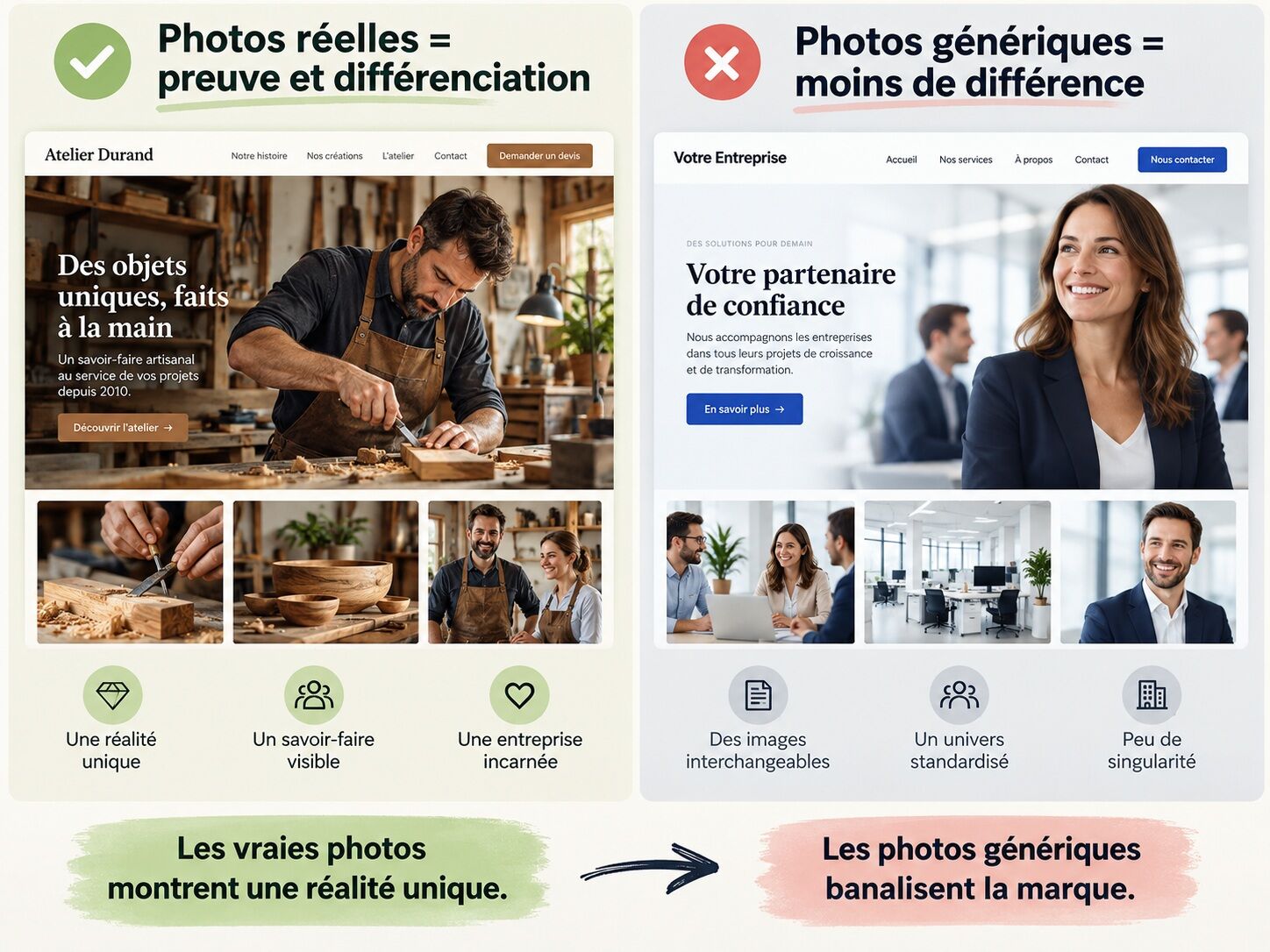 Comparaison de deux sites web : à gauche, des photographies authentiques d’un artisan dans son atelier valorisent son savoir-faire ; à droite, des photos génériques de bureaux et de collaborateurs rendent l’entreprise moins identifiable et différenciante.