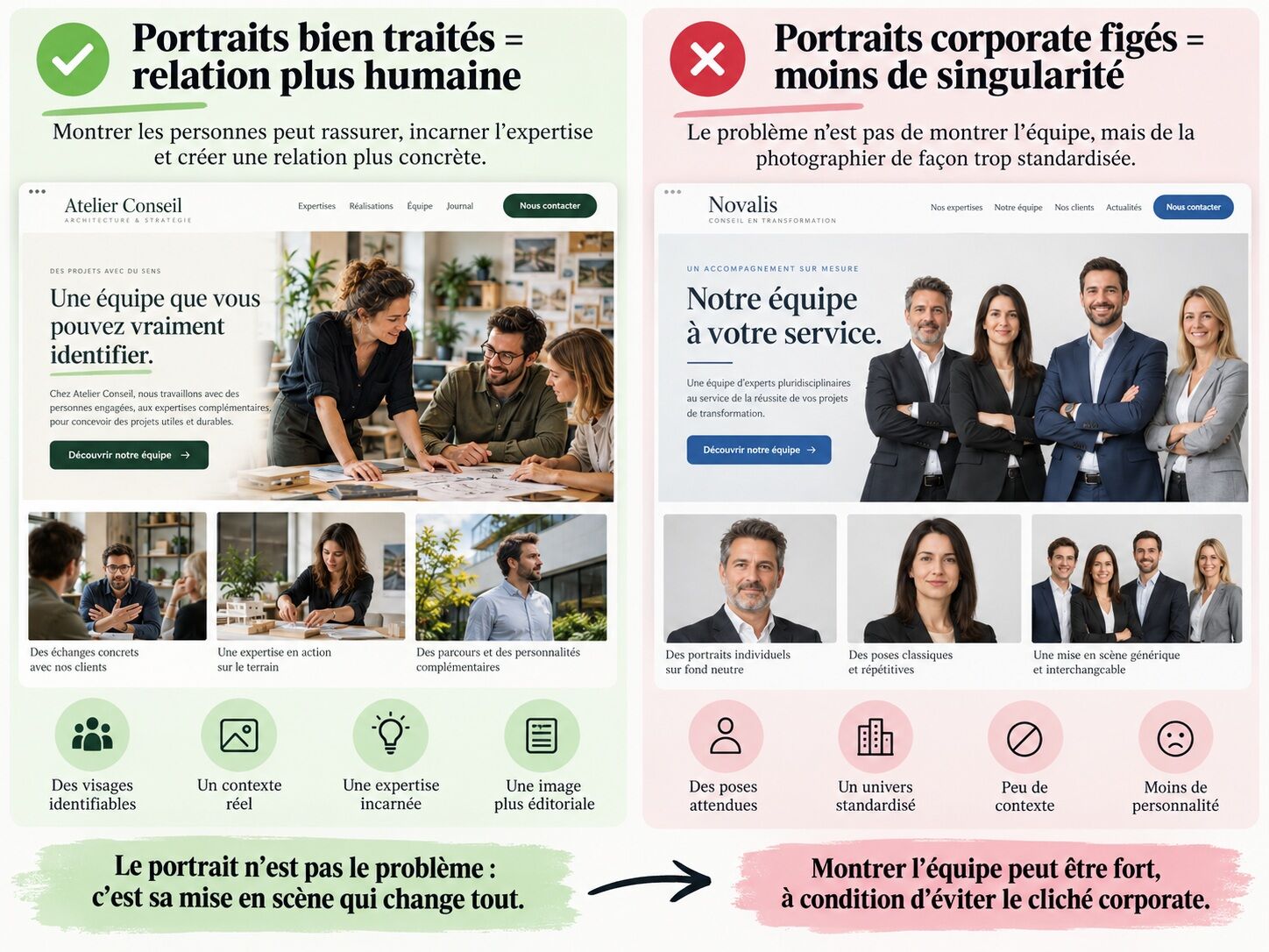 Comparaison de deux sites web présentant leur équipe : à gauche, des portraits naturels en situation de travail valorisent les personnes et leur expertise ; à droite, des photos corporate figées, sur fond neutre et avec les bras croisés, donnent une image plus impersonnelle et standardisée.