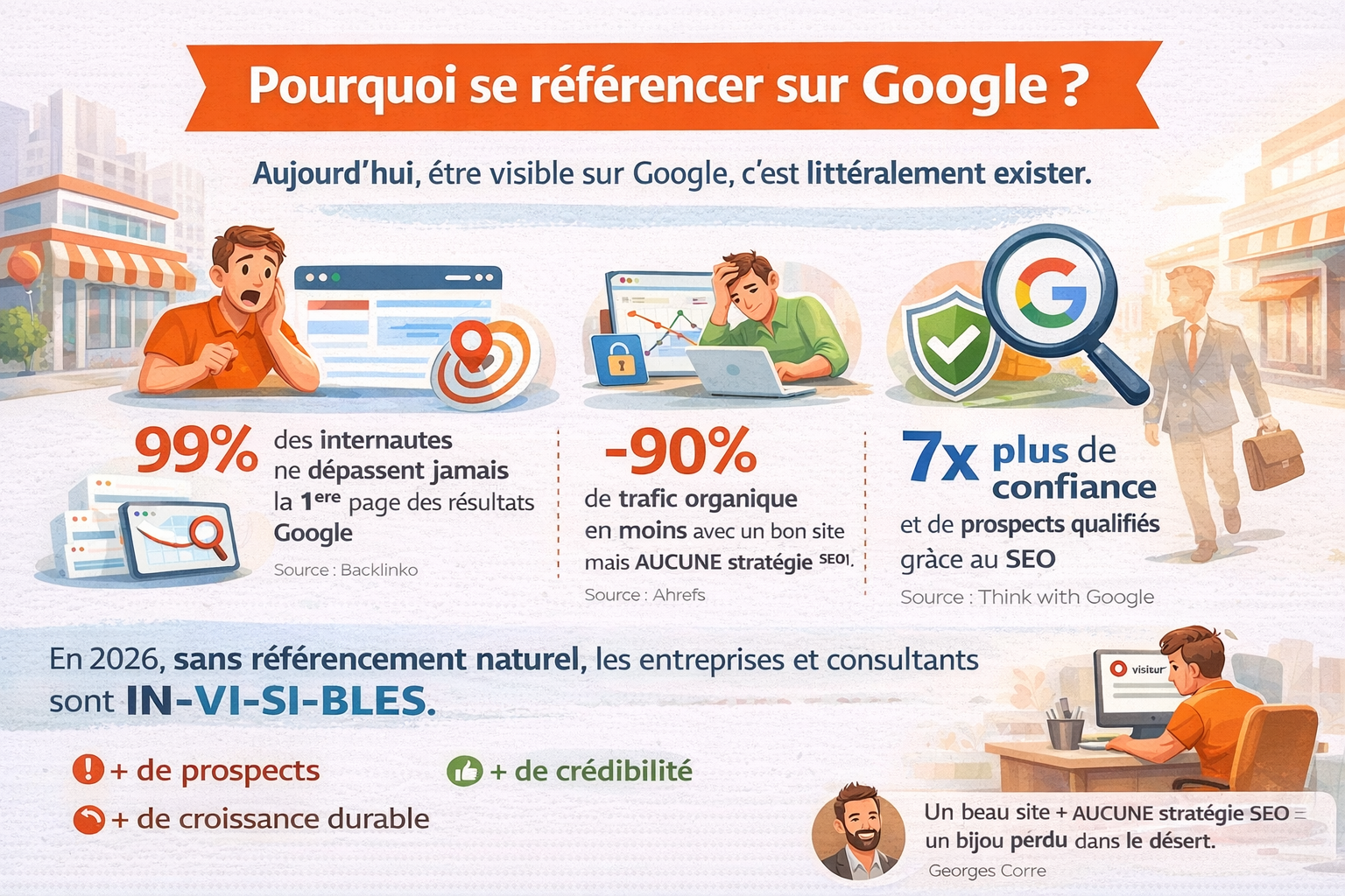 Infographie “Pourquoi se référencer sur Google ?” avec statistiques sur la visibilité (1ʳᵉ page Google), perte de trafic sans stratégie SEO, et bénéfices du référencement naturel (confiance, prospects, crédibilité)
