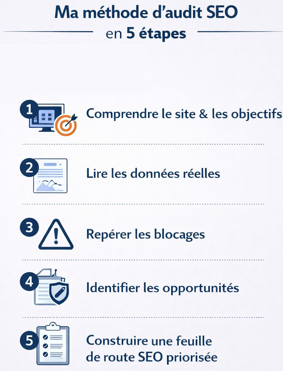 Infographie en français intitulée « Ma méthode d’audit SEO en 5 étapes ». Elle présente le processus de Georges Corre : comprendre le site et les objectifs, lire les données réelles, repérer les blocages, identifier les opportunités et construire une feuille de route SEO priorisée.