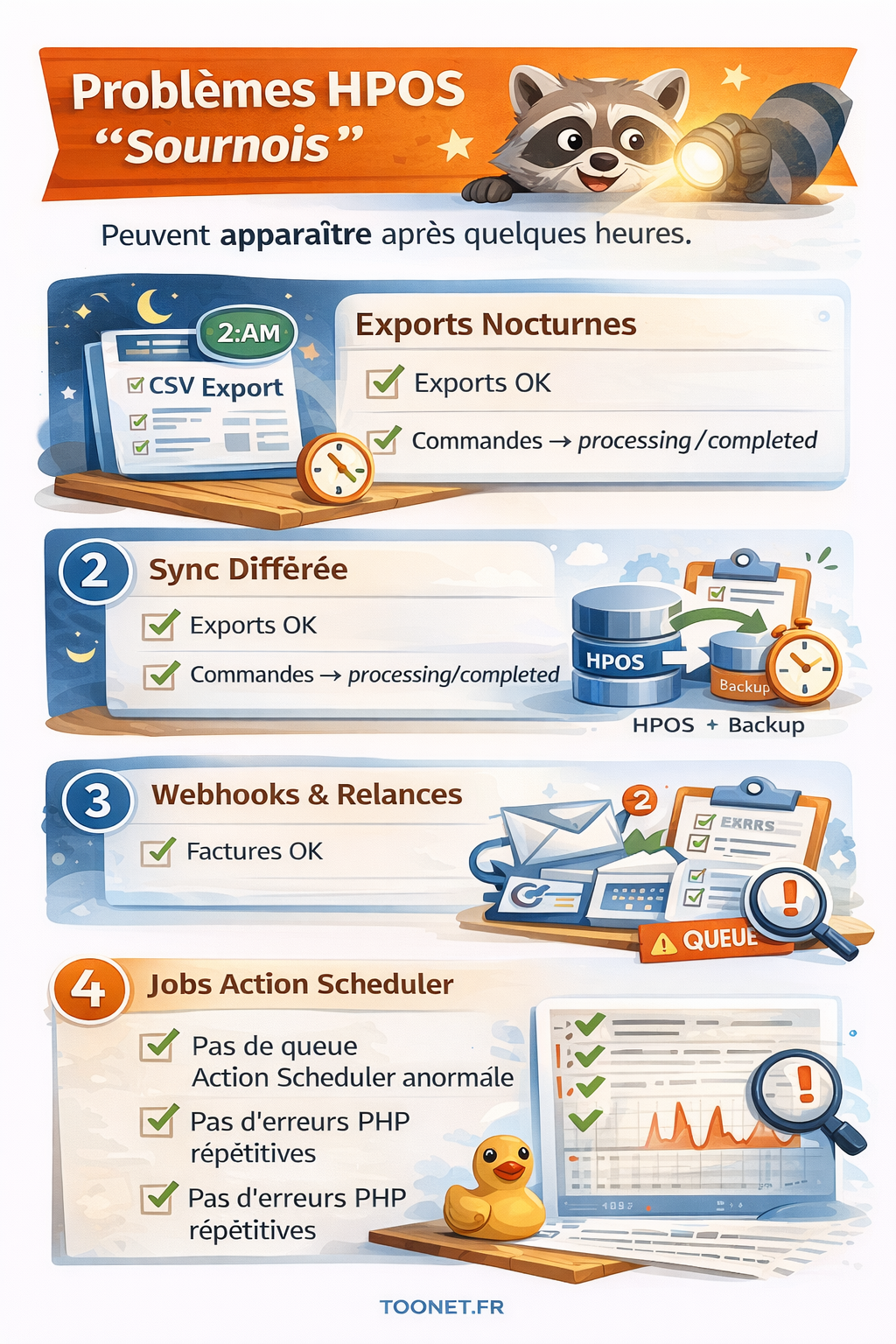 Infographie “Problèmes HPOS sournois” : après quelques heures, vérifier exports nocturnes, synchronisations différées, webhooks, relances emails et jobs Action Scheduler, puis contrôler que les commandes passent bien en processing/completed, que les factures et exports sont OK, qu’il n’y a pas de file Action Scheduler anormale ni d’erreurs PHP répétitives.