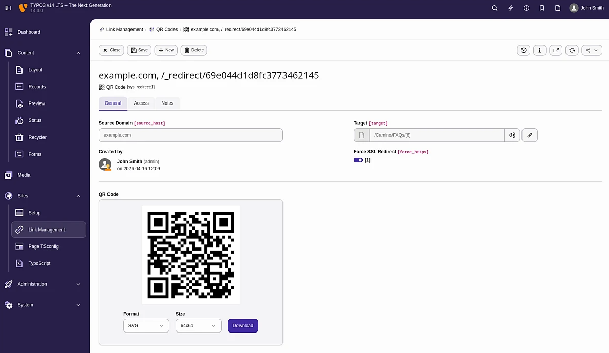 QR code généré dans TYPO3 v14 LTS avec options de téléchargement en plusieurs formats