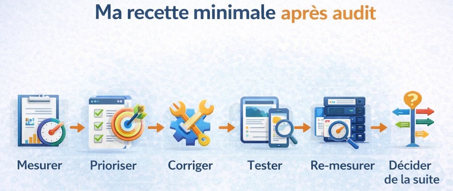 Infographie présentant la méthode minimale après un audit de performance Joomla en six étapes : mesurer, prioriser, corriger, tester, re-mesurer et décider de la suite