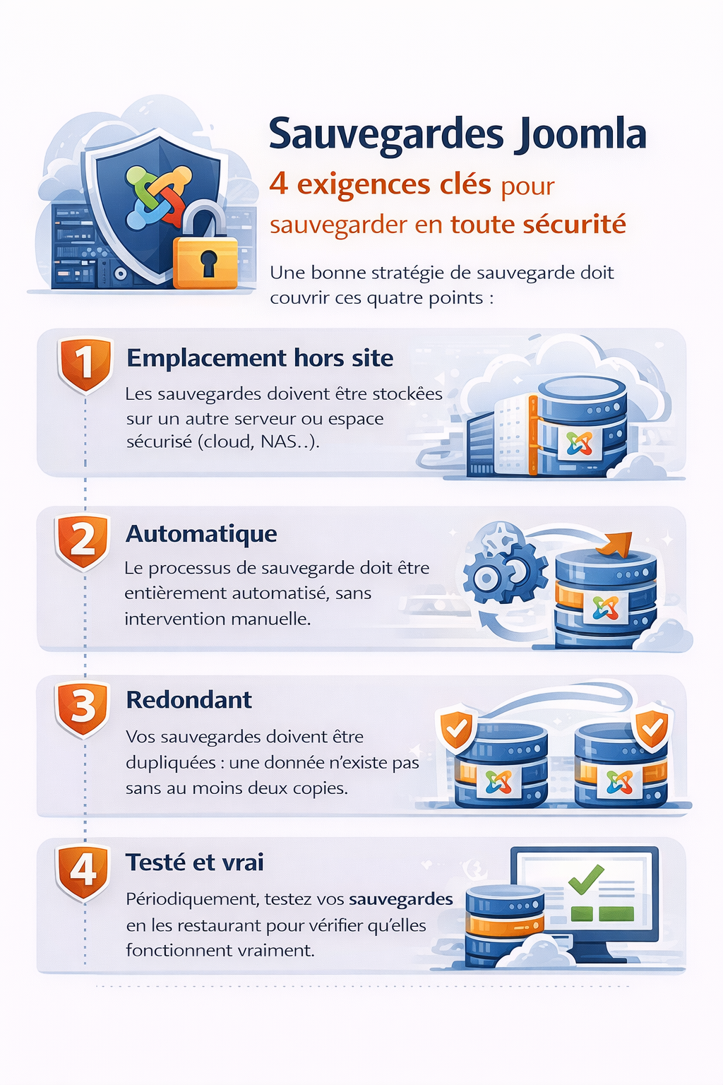 Infographie en français intitulée « Sauvegardes Joomla – 4 exigences clés pour sauvegarder en toute sécurité ». Elle présente 4 blocs numérotés avec icônes (serveur/cloud, engrenages, doublons, écran avec coche) : 1) Emplacement hors site (sauvegardes stockées sur un autre serveur ou espace sécurisé : cloud, NAS…), 2) Automatique (processus 100% automatisé sans intervention manuelle), 3) Redondant (au moins deux copies des données), 4) Testé et vrai (tester régulièrement la restauration pour vérifier que les sauvegardes fonctionnent).
