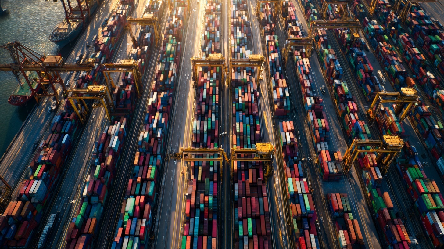 Aerial photo of a shipping port showing hundreds of containers aligned in rows, symbolizing data storage and backup organization.