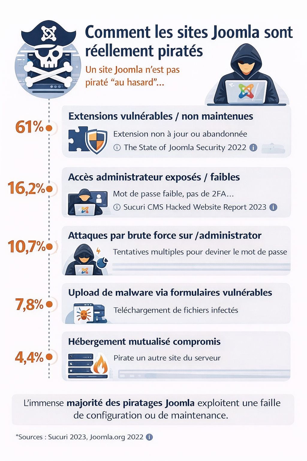Infographie en français intitulée « Comment les sites Joomla sont réellement piratés ». Elle explique qu’un site Joomla n’est pas piraté “au hasard” et présente 5 vecteurs d’attaque avec pourcentages : extensions vulnérables/non maintenues (61%), accès administrateur exposés ou faibles (16,2%) avec mention du rapport Sucuri CMS Hacked Website Report 2023, attaques brute force sur /administrator (10,7%), upload de malware via formulaires vulnérables (7,8%), hébergement mutualisé compromis (4,4%). Un encart indique : « L’immense majorité des piratages Joomla exploitent une faille de configuration ou de maintenance ». Sources affichées : Sucuri 2023 et Joomla.org 2022 (« The State of Joomla Security 2022 »).