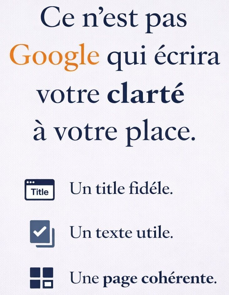 Infographie éditoriale avec la citation Ce n’est pas Google qui écrira votre clarté à votre place, accompagnée de trois piliers SEO : un titre fidèle, un texte utile et une page cohérente, signée Georges Corre pour TooNetCreation.