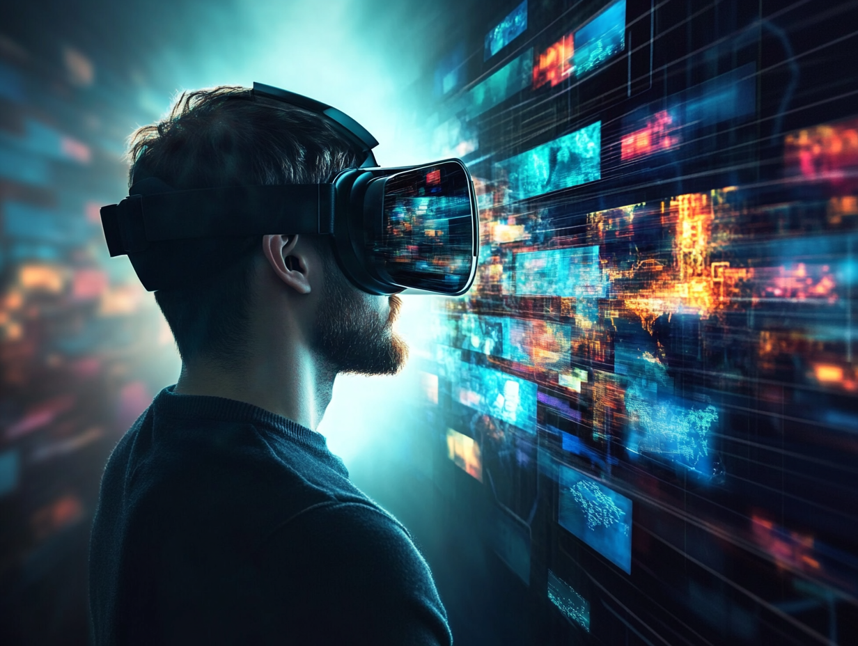 persone avec un casque à réalité virtuelle qui surf sur le web
