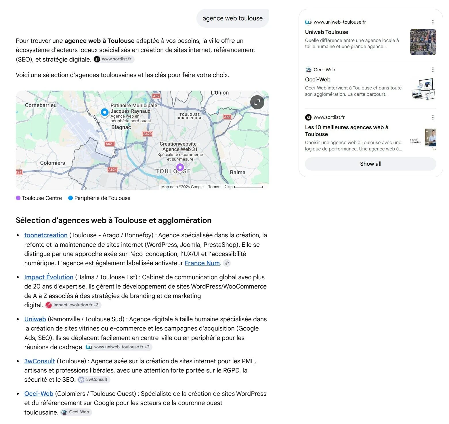 exemple de recherche ia sur le terme argence web toulouse sur google