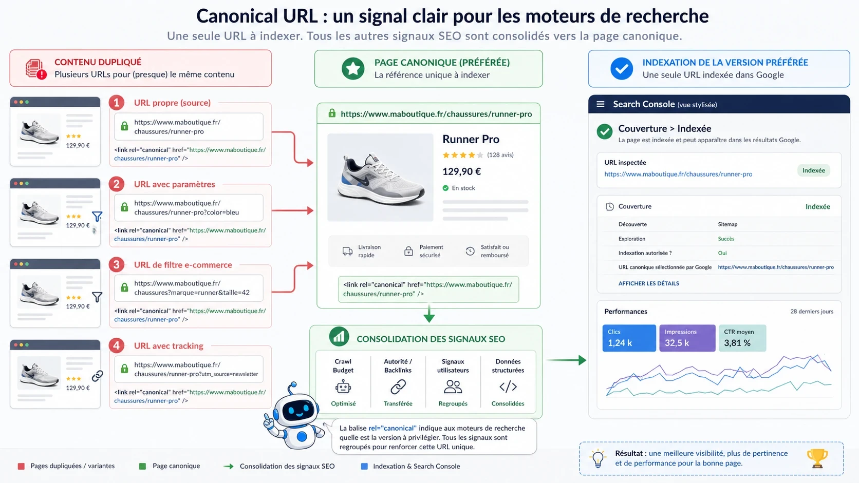 Schéma pédagogique expliquant le fonctionnement d’une balise canonical entre des pages similaires et une URL principale.