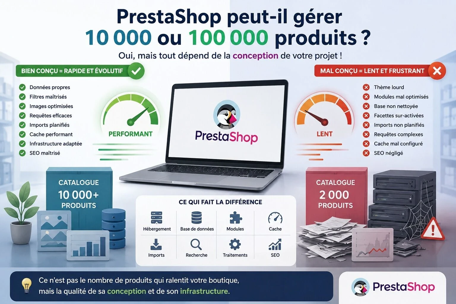 Infographie comparant deux boutiques PrestaShop à gros catalogue, montrant qu’un site avec 10 000 à 100 000 produits peut rester performant si l’hébergement, la base de données, les modules, le cache, les imports et le SEO sont bien conçus.