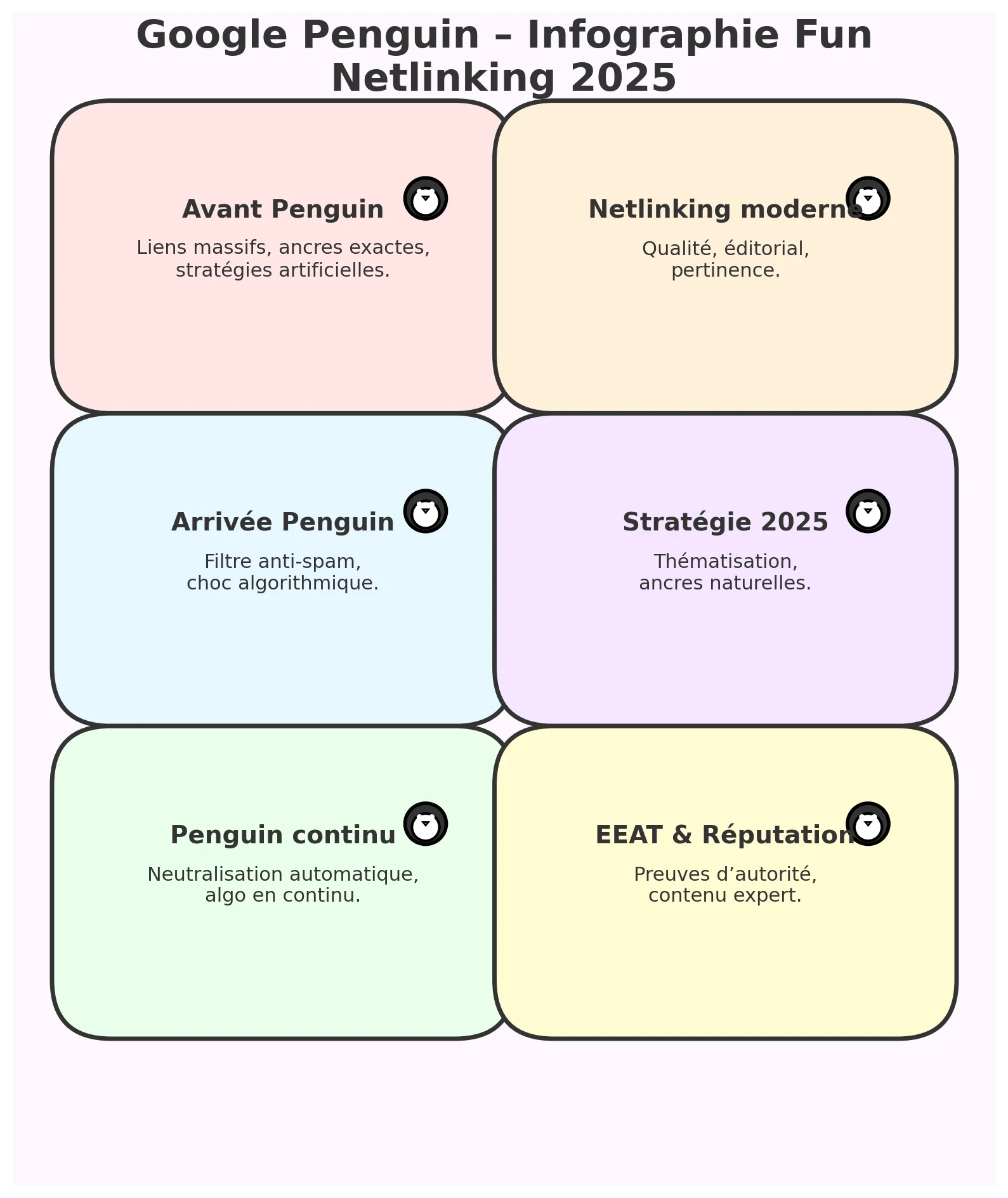 Infographie fun sur Google Penguin présentant les étapes du netlinking moderne en 2025, avec des blocs colorés et de petits pingouins illustrés.