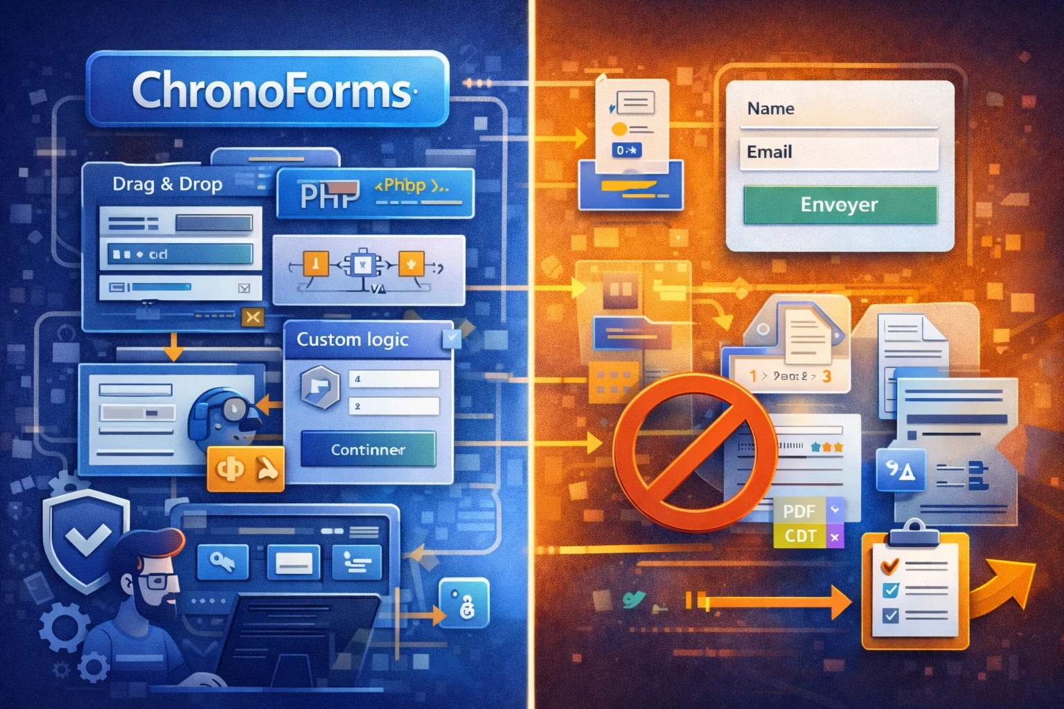 Infographie Joomla illustrant ChronoForms comme outil puissant pour formulaires sur mesure, logique complexe et mini applications avec profil technique