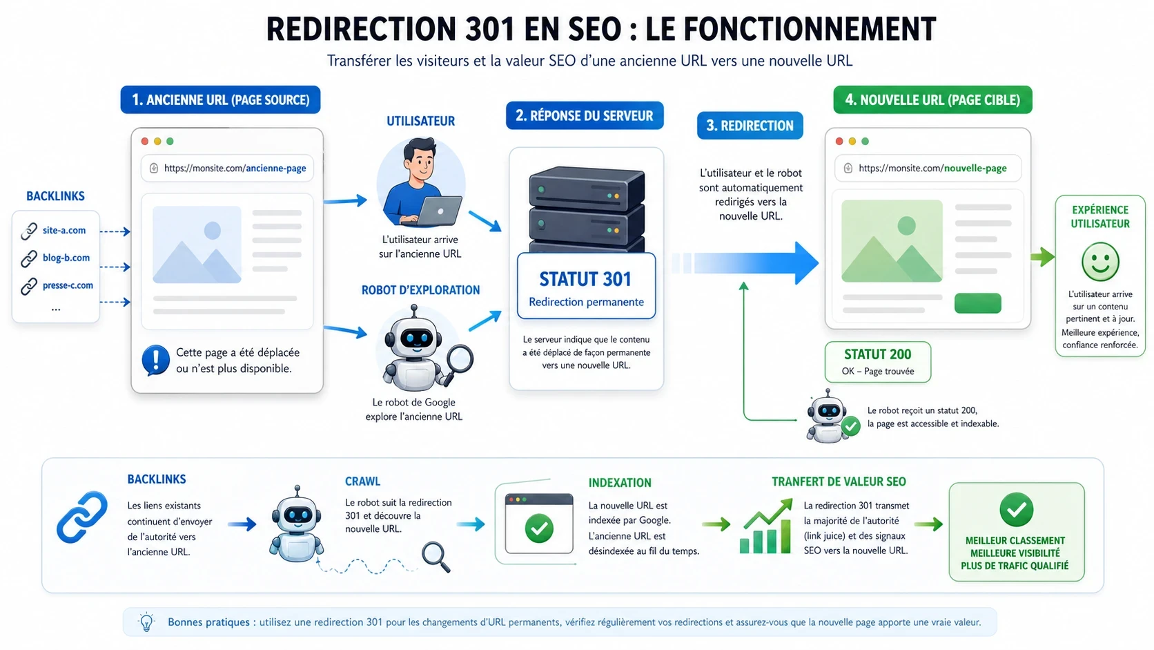 Schéma pédagogique expliquant le fonctionnement d’une redirection 301 entre ancienne URL, serveur et nouvelle URL.