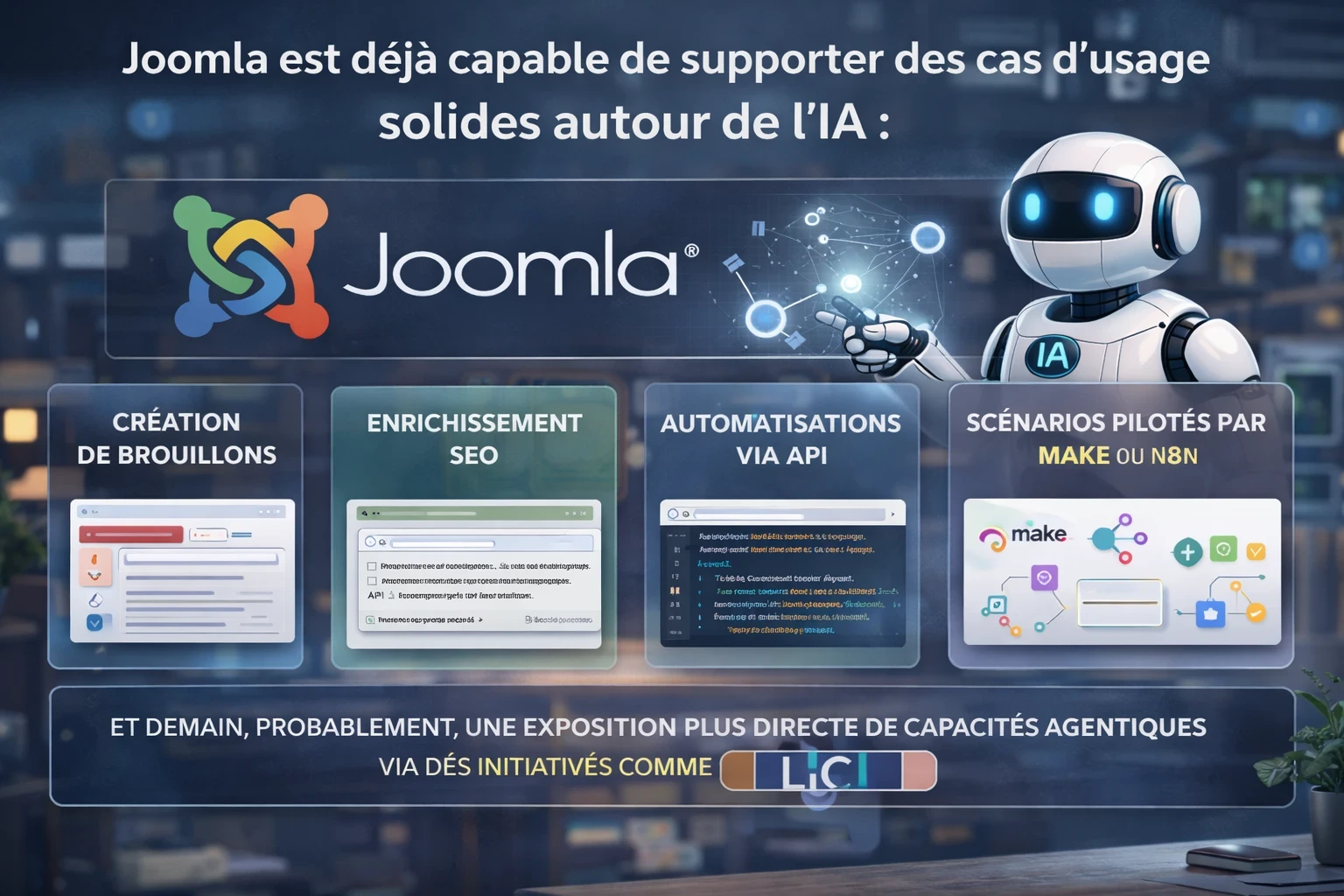 Schéma présentant les usages actuels et futurs de l’IA dans Joomla : rédaction assistée, SEO, API, automatisation et workflows agentiques.