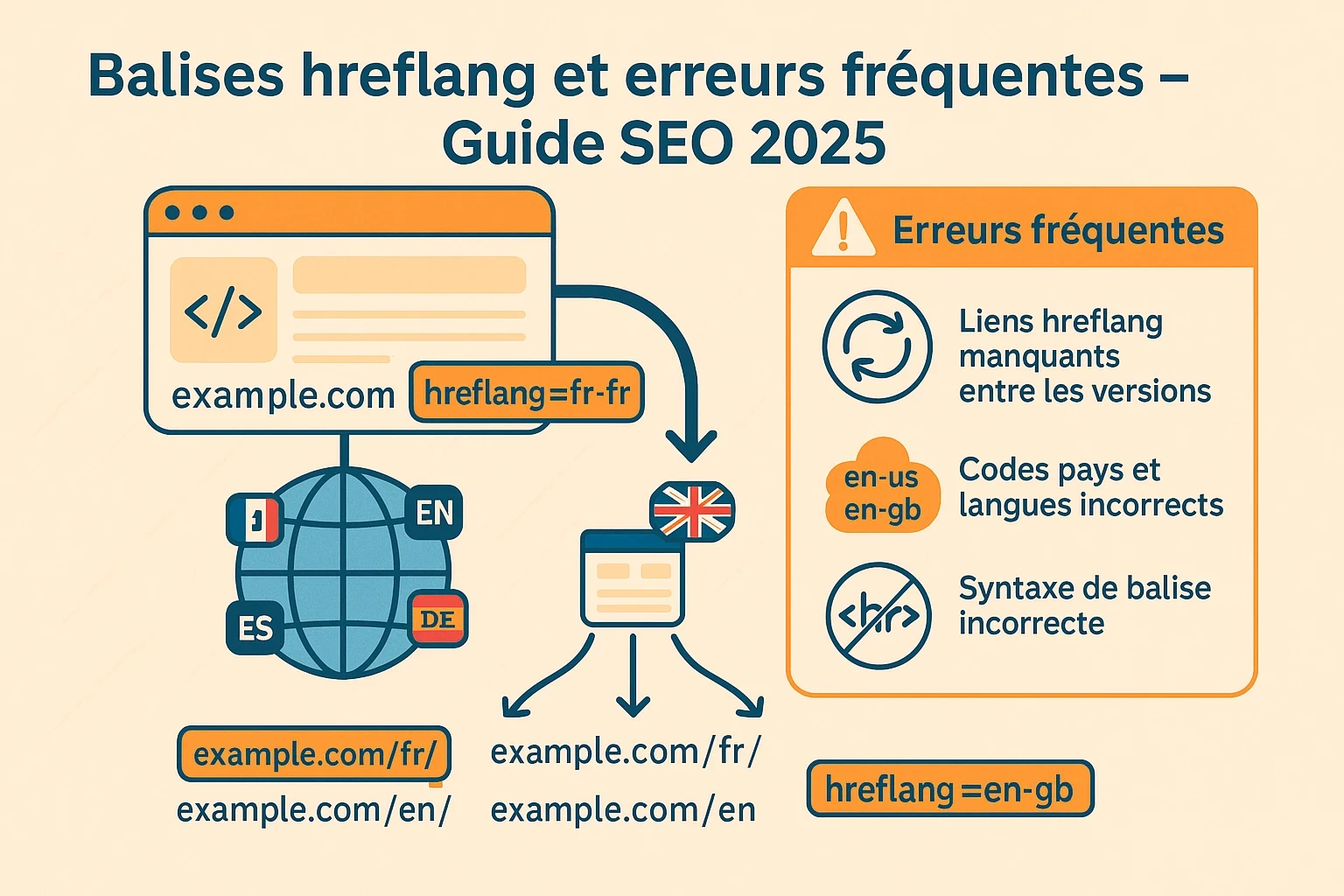 Infographie expliquant les balises hreflang et leurs erreurs fréquentes en SEO international, avec un globe reliant plusieurs versions linguistiques de site web (français, anglais, espagnol, allemand) et un encadré listant les erreurs courantes : liens hreflang manquants, codes de langues incorrects et syntaxe erronée.