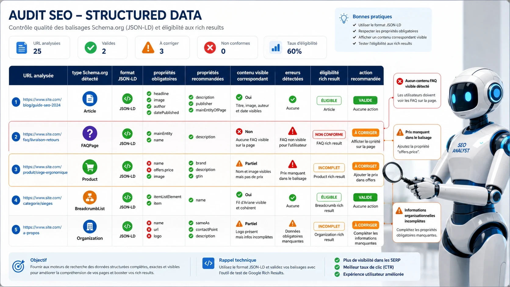 Tableau visuel d’audit SEO des données structurées avec type Schema.org, erreurs, propriétés manquantes et actions recommandées.