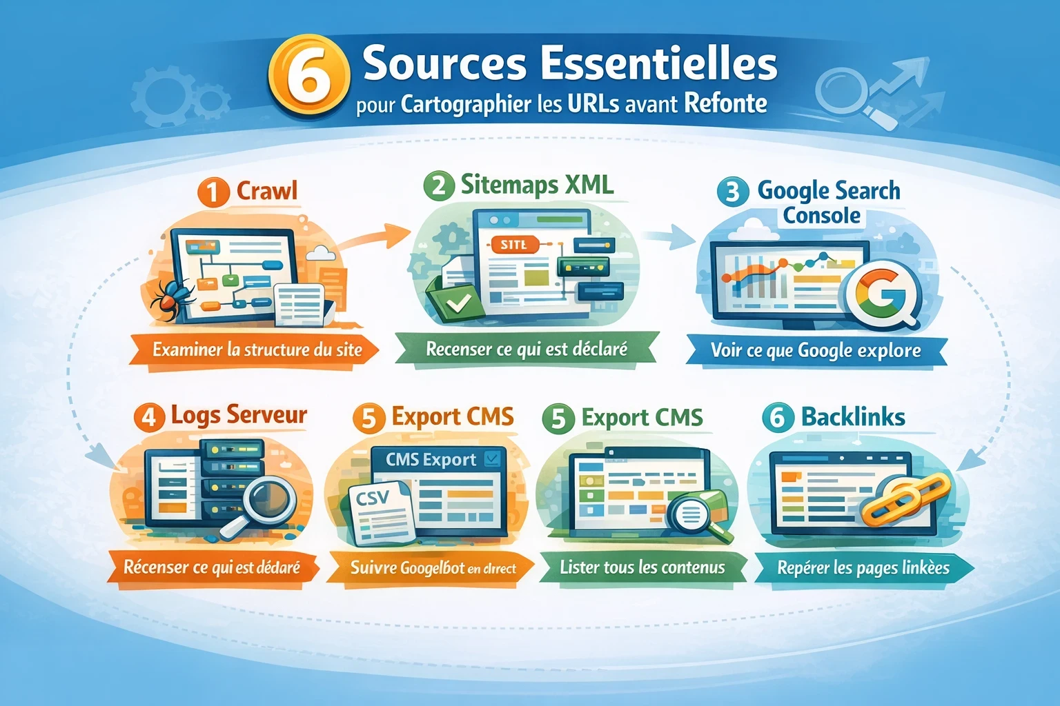 Infographie “6 sources essentielles pour cartographier les URLs avant refonte” avec 6 blocs numérotés : 1 Crawl (structure du site), 2 Sitemaps XML (URLs déclarées), 3 Google Search Console (ce que Google explore), 4 Logs serveur (Googlebot en direct), 5 Export CMS (liste des contenus), 6 Backlinks (pages linkées).