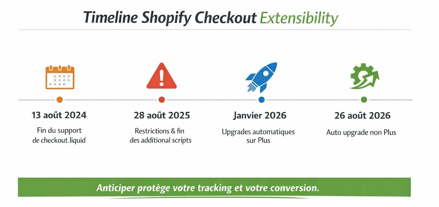 Timeline des dates clés Shopify Checkout Extensibility et impacts sur checkout.liquid, scripts et pages de confirmation.
