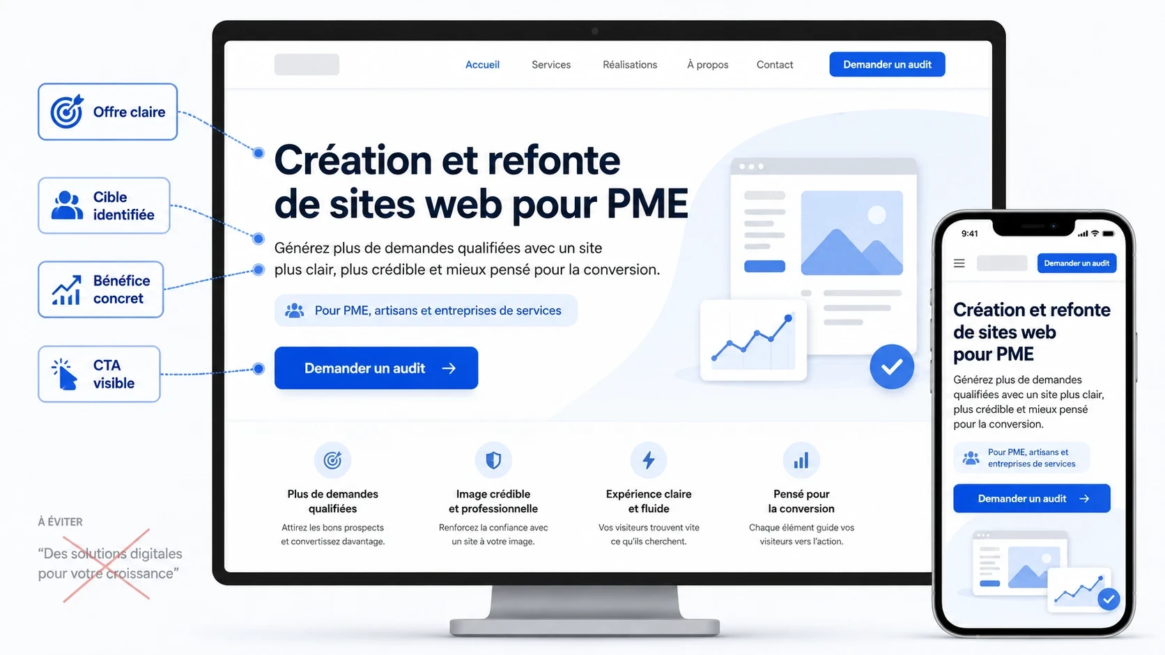 Exemple de haut de page optimisé UX avec offre claire, cible PME, bénéfice concret et CTA visible pour améliorer la conversion.