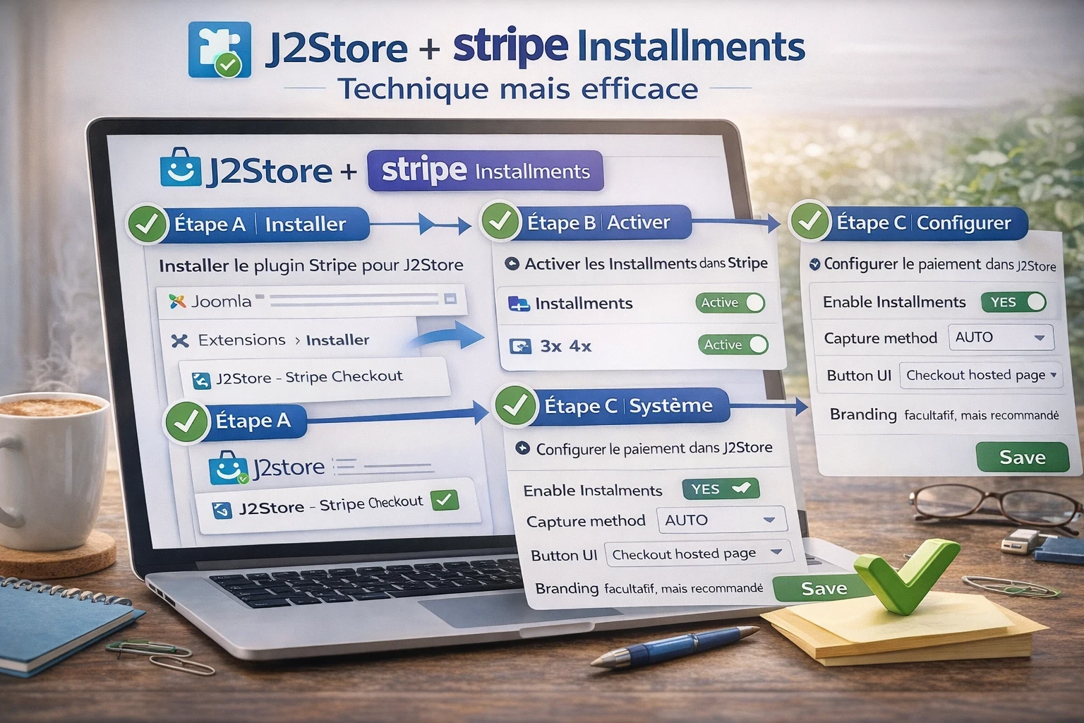 Schéma “J2Store + Stripe Installments” sur Joomla, avec les étapes A/B/C (installer le plugin, activer les installments dans Stripe, configurer Stripe Checkout) et des coches pour montrer une mise en place efficace mais un peu plus technique.