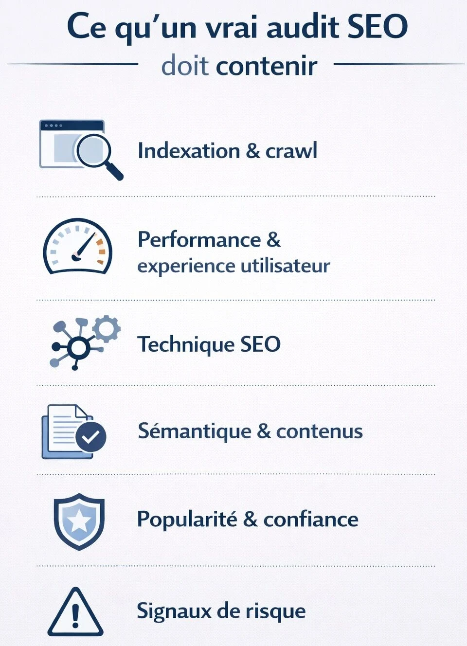Infographie en français intitulée « Ce qu’un vrai audit SEO doit contenir ». Elle résume les 6 volets d’un audit SEO complet : indexation et crawl, performance et expérience utilisateur, technique SEO, sémantique et contenus, popularité et confiance, et signaux de risque.