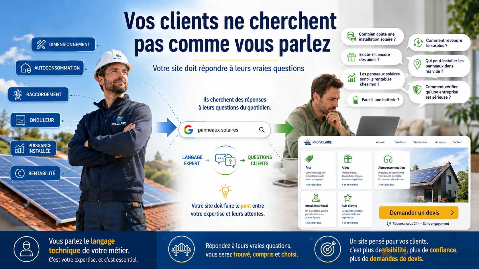 Installateur photovoltaïque faisant le lien entre son expertise technique et les questions simples que ses futurs clients posent sur Google