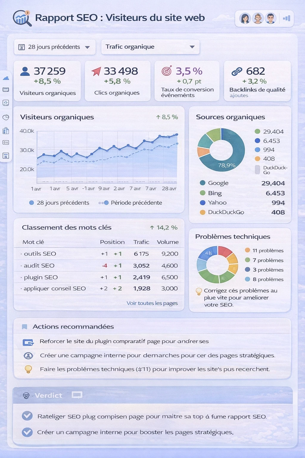 Illustration type dashboard “Looker Studio” d’un rapport SEO orienté visiteurs : tuiles de KPI (visiteurs organiques, clics, taux de conversion, backlinks), courbe d’évolution du trafic, répartition des sources (Google/Bing/Yahoo/DuckDuckGo), tableau de classement mots-clés, bloc problèmes techniques et section actions recommandées.