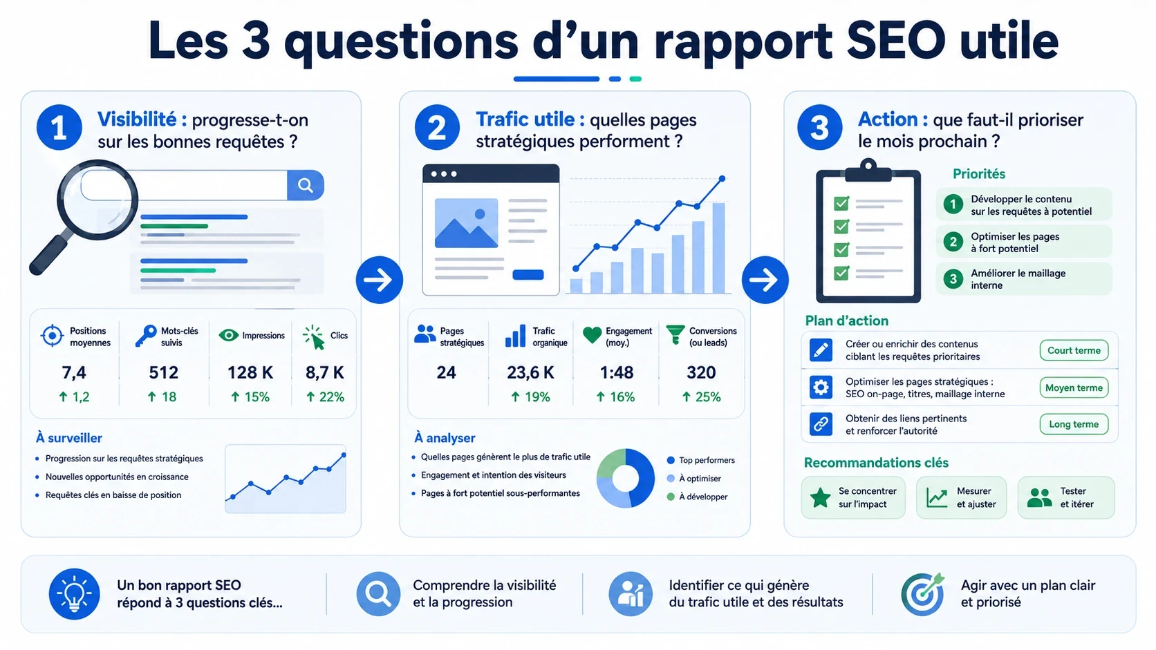 Infographie présentant les trois questions essentielles d’un rapport SEO : la visibilité progresse-t-elle sur les bonnes requêtes, les pages stratégiques génèrent-elles du trafic utile, et quelles actions faut-il prioriser.