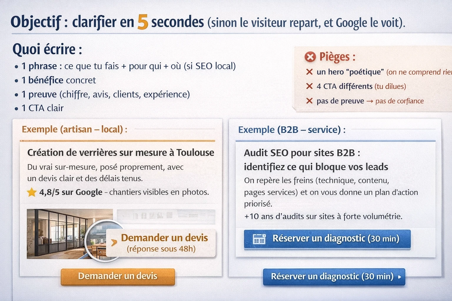 Infographie (paysage) : “Objectif : clarifier en 5 secondes” avec la checklist d’un hero (1 phrase quoi/pour qui/où, bénéfice, preuve, CTA), deux exemples de hero (artisan local à Toulouse et audit SEO B2B) et les pièges à éviter (hero flou, trop de CTA, absence de preuve).