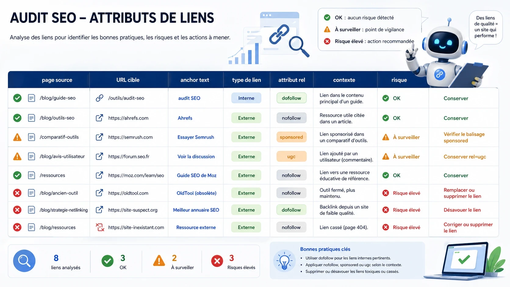 Tableau visuel d’audit SEO des liens nofollow, dofollow, sponsored et ugc avec actions recommandées.