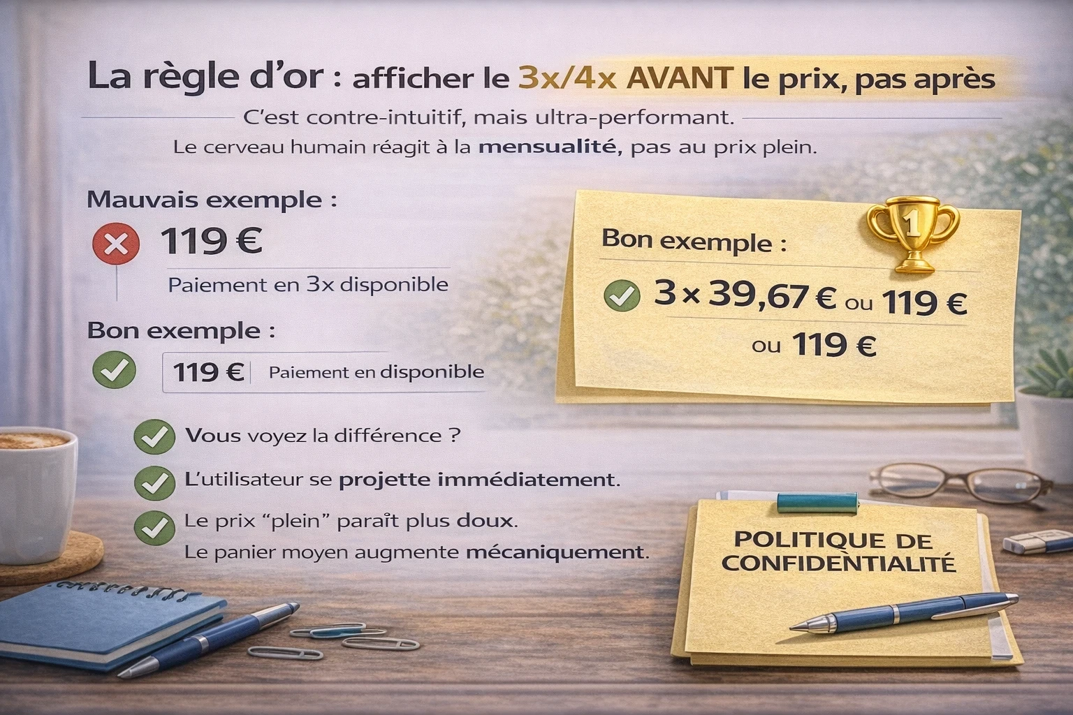 Infographie “règle d’or” : comparaison visuelle mauvais vs bon affichage (prix seul puis 3x, versus 3 × mensualité affichée en premier puis prix total), avec bénéfices (projection immédiate, prix perçu plus doux, panier moyen en hausse).