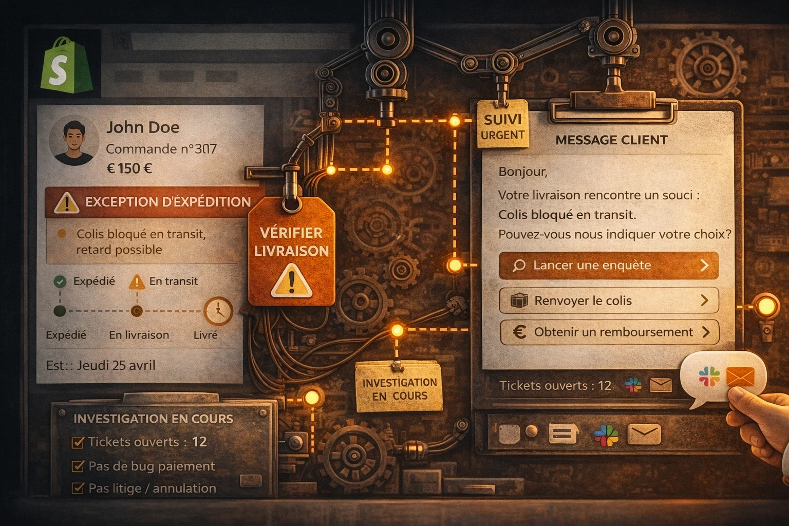Illustration d’un workflow Shopify Flow : exception de livraison détectée sur le suivi colis, ouverture automatique d’un ticket, alerte interne et message proactif au client avec options enquête, renvoi ou remboursement.