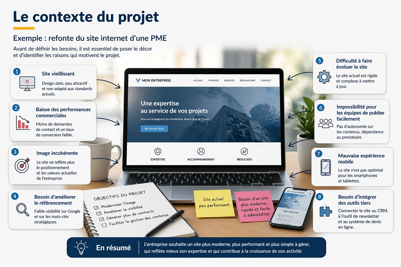 Illustration du contexte d’un projet de refonte de site internet pour une PME, montrant un site vieillissant, des problèmes de performance, de référencement, d’ergonomie mobile et de gestion des contenus.