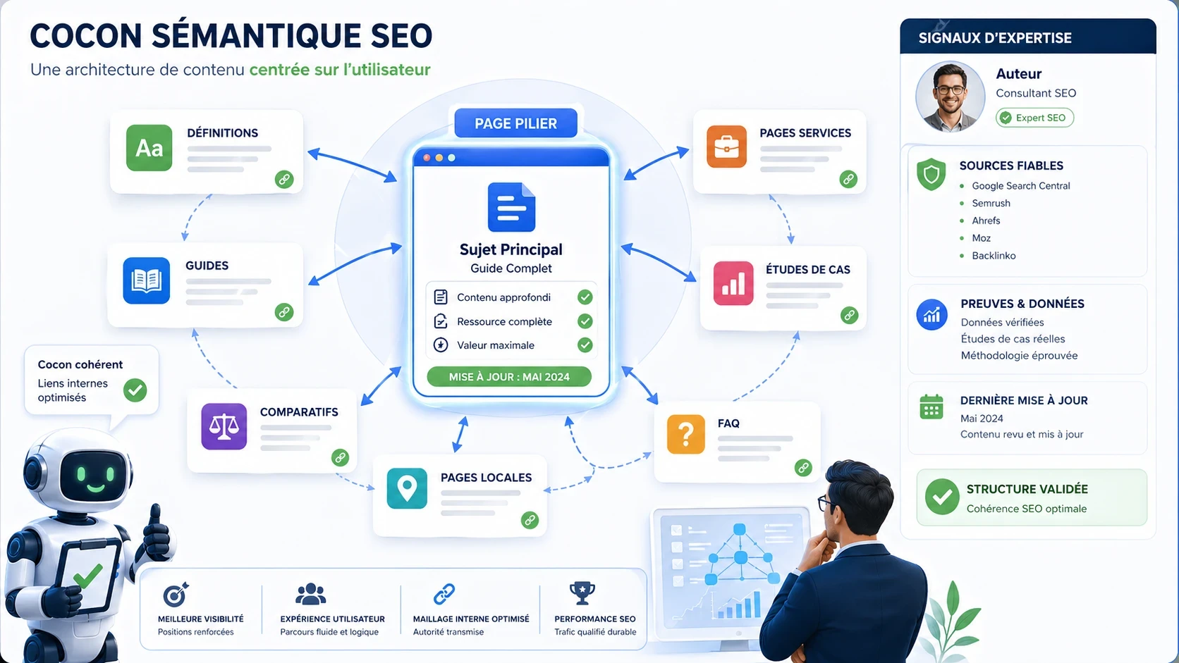 Carte thématique SEO représentant une page pilier reliée à des pages filles pour construire une autorité thématique.