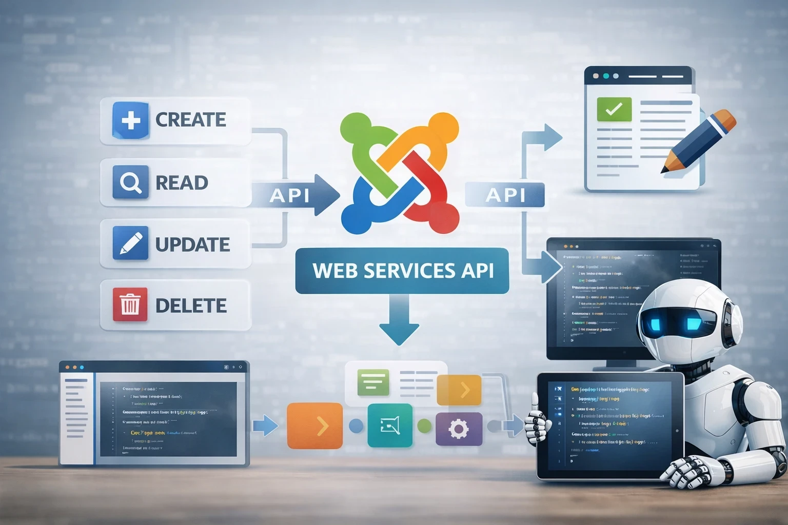 Schéma illustrant l’API Web Services de Joomla permettant à des outils externes et agents IA de créer, lire, modifier et supprimer des articles dans le CMS.