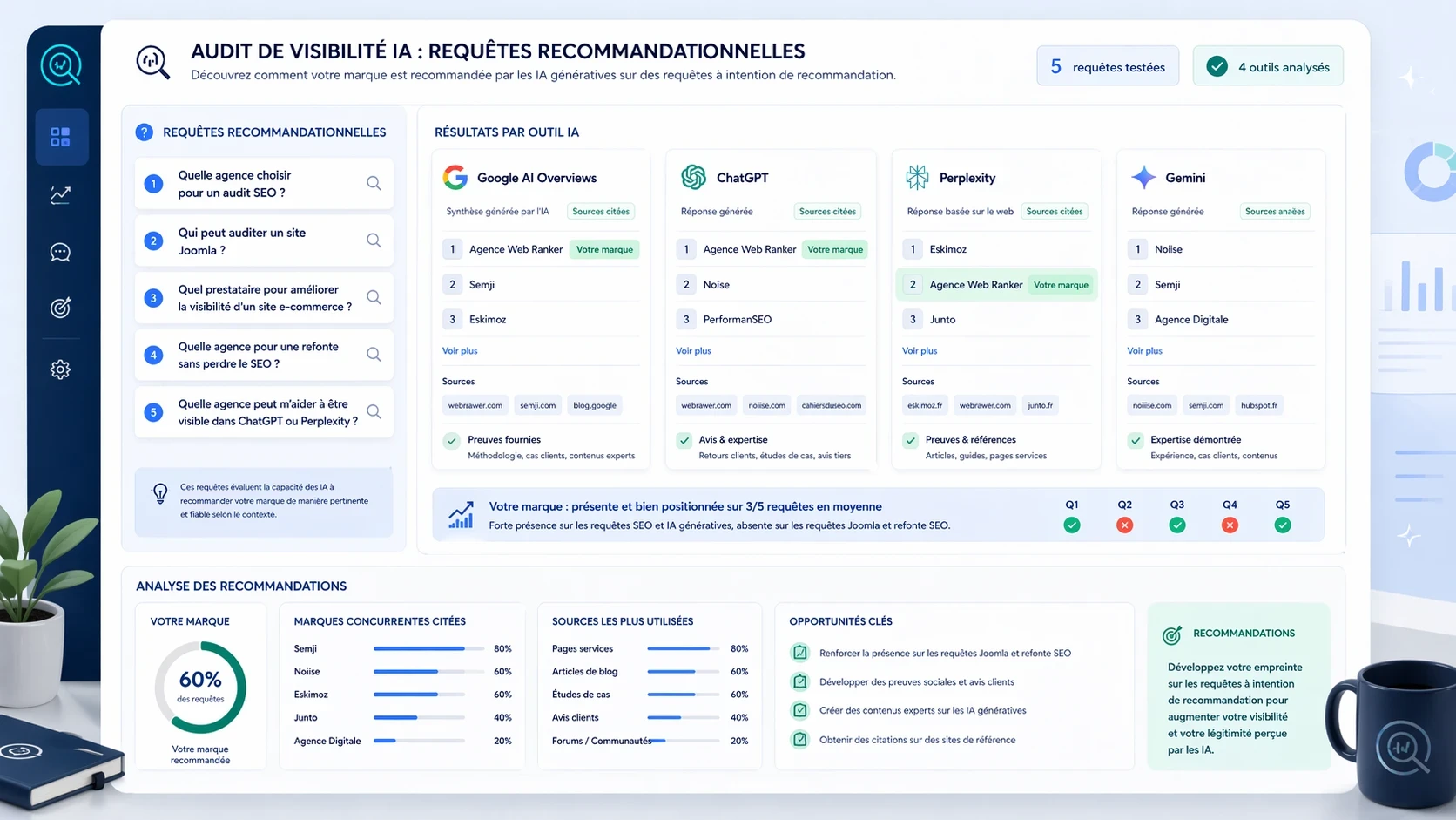 Tableau de bord d’audit de visibilité IA sur des requêtes de recommandation montrant quelles agences sont proposées par Google AI Overviews, ChatGPT, Perplexity et Gemini, avec les sources citées, les concurrents mentionnés et les opportunités d’amélioration