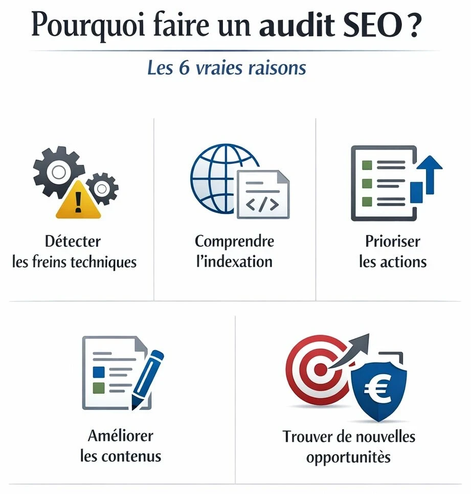 Infographie en français intitulée « Pourquoi faire un audit SEO ? ». Elle présente 6 raisons principales : détecter les freins techniques, comprendre l’indexation du site, prioriser les actions SEO, améliorer les contenus, trouver de nouvelles opportunités de visibilité et protéger le business.