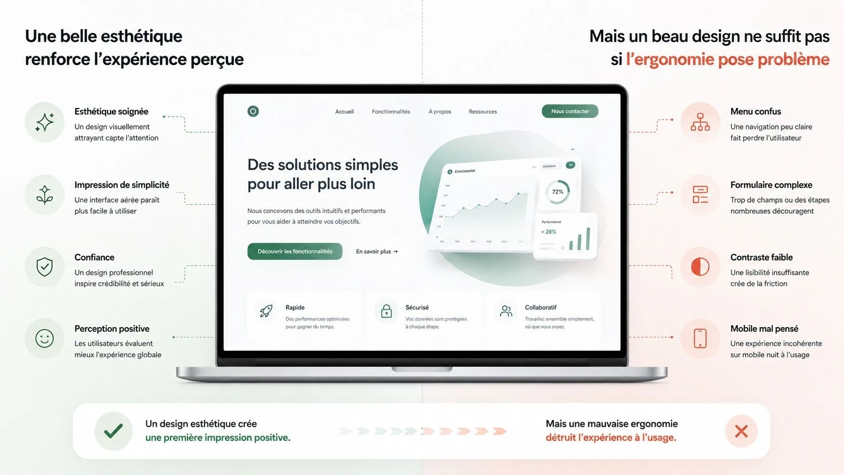 Illustration montrant l’effet esthétique-utilisabilité : un design visuellement attractif améliore la perception d’un site, mais ne compense pas une mauvaise ergonomie, un contraste insuffisant, un formulaire complexe ou une expérience mobile mal conçue.
