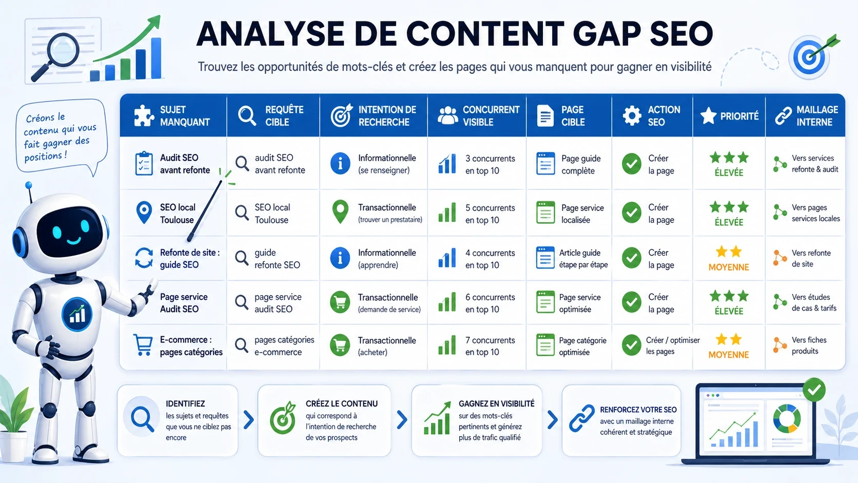 Tableau visuel d’analyse Content Gap associant contenus manquants, intentions de recherche, pages cibles, priorité et actions SEO.