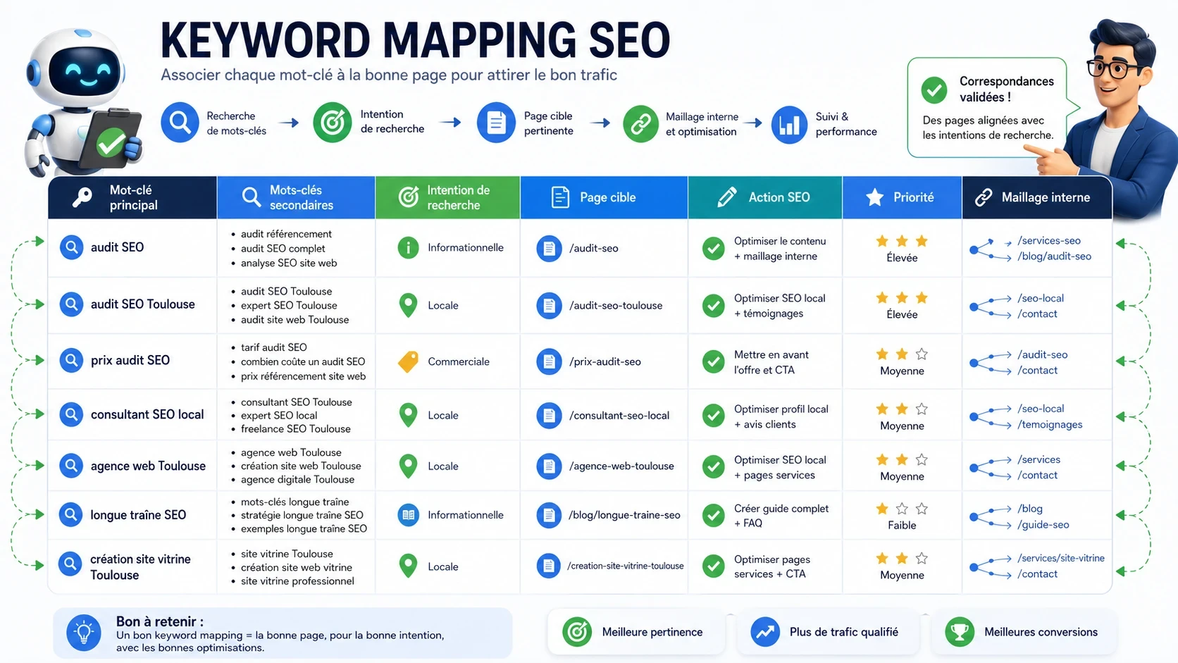 Tableau visuel de keyword mapping associant mots-clés principaux, intentions de recherche, pages cibles et actions SEO.