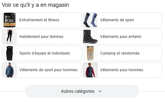 Publication Google Business Profile Decathlon montrant un produit disponible en stock avec un appel à l’action pour venir en magasin