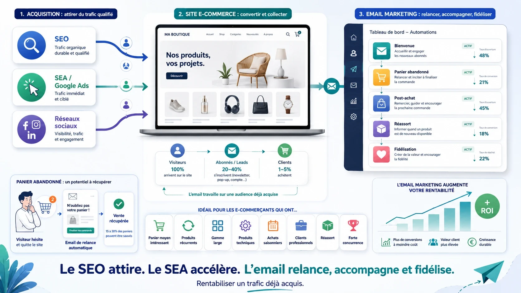 Infographie montrant comment le SEO, le SEA et les réseaux sociaux attirent du trafic vers une boutique e-commerce, puis comment l’email marketing permet de relancer, accompagner et fidéliser les visiteurs déjà acquis grâce à des automatisations.
