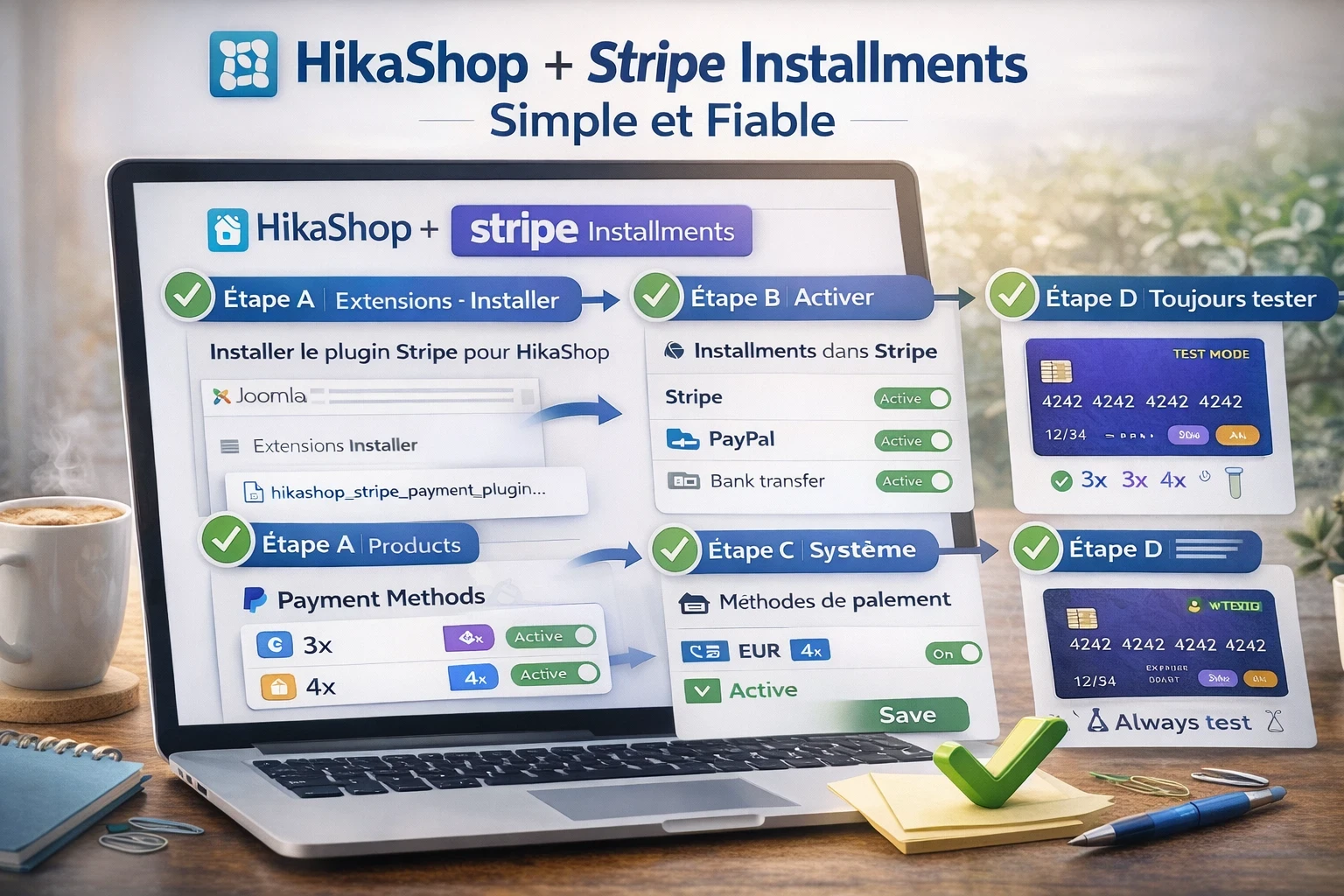 Schéma visuel “HikaShop + Stripe Installments” sur un laptop, avec 4 étapes (installer, activer, configurer, tester) illustrées par des icônes et coches, pour montrer un parcours simple et fiable sur Joomla.