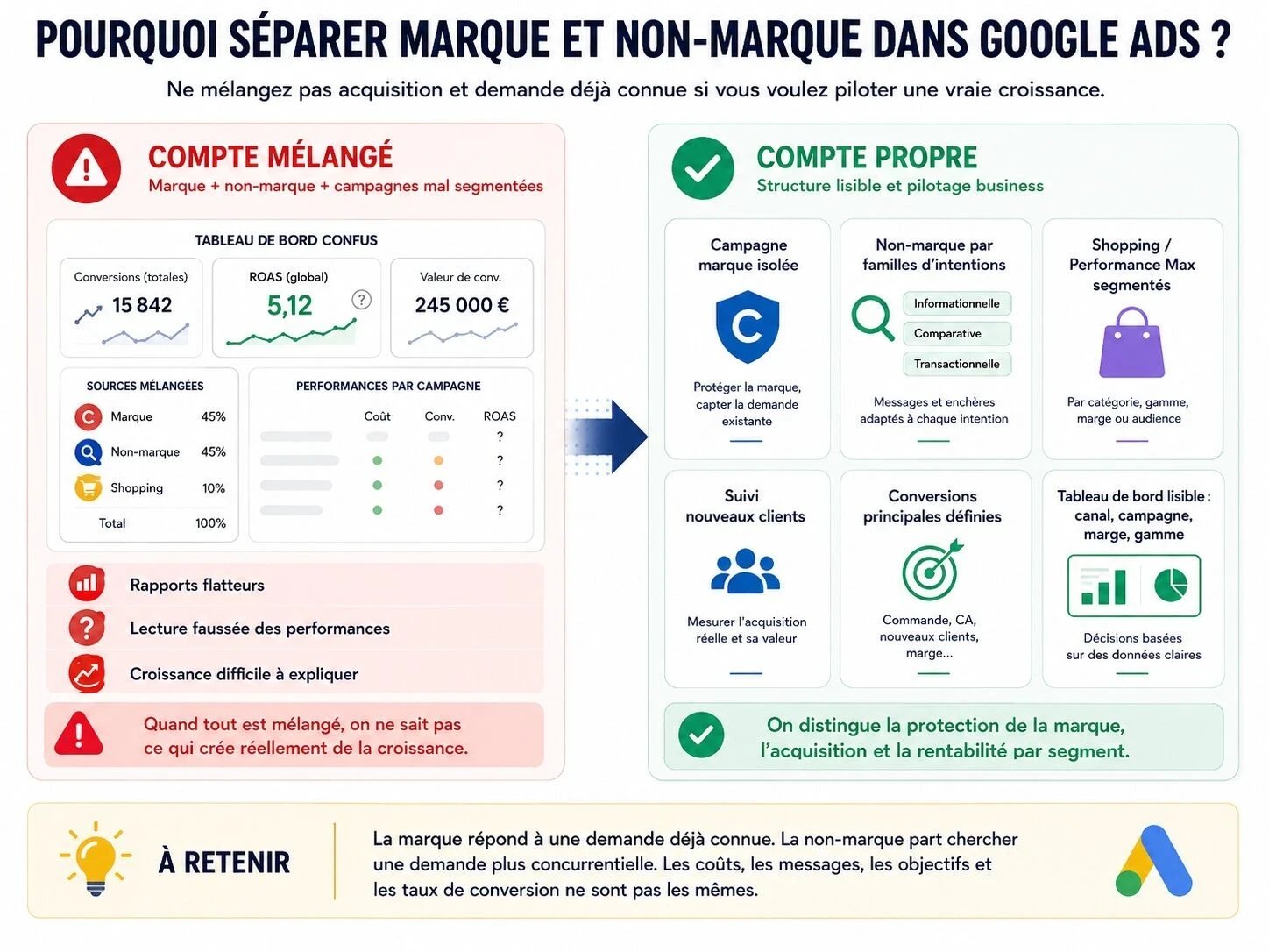 Comparaison entre un compte Google Ads mélangé et un compte structuré séparant marque, non-marque, Shopping et Performance Max