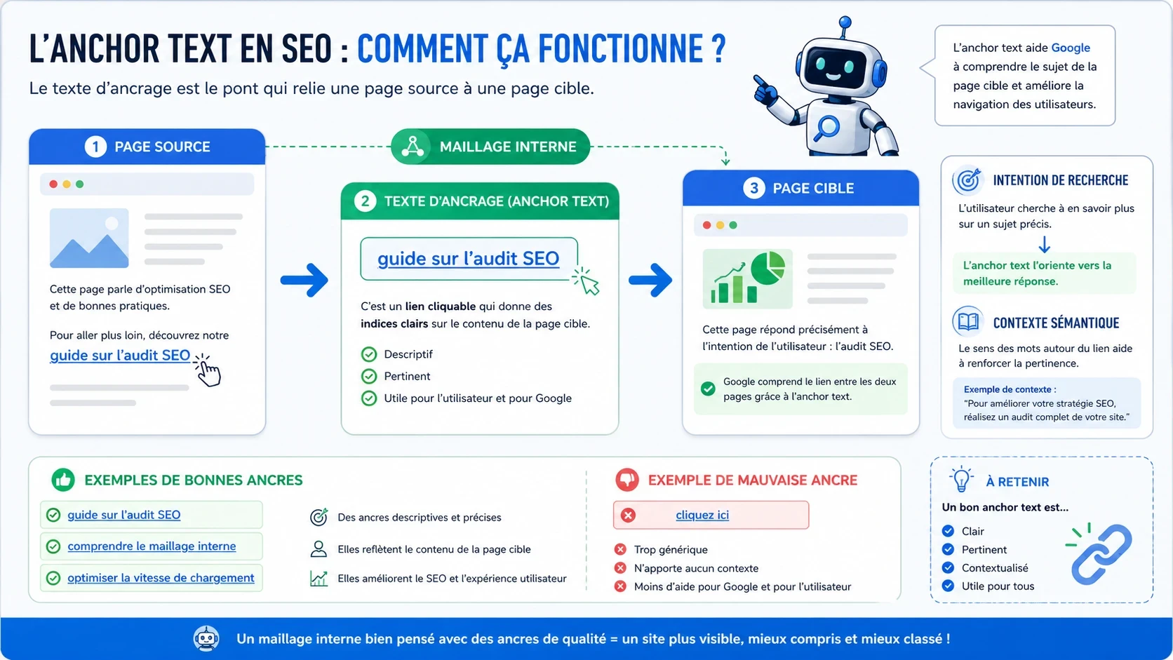 Schéma pédagogique montrant le fonctionnement d’un Anchor Text entre une page source, un texte d’ancrage et une page cible.